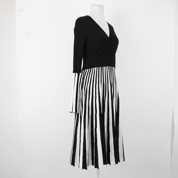 Avantlook Sz M Black White V Neck Striped Surplice 100% Polyester Dress - Picture 5 of 15